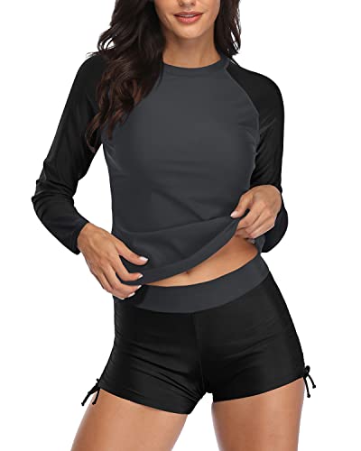 Aqua Eve Damen Zweiteiliger Rashguard-Badeanzug, langärmelig, mit Shorts, bescheidener Badeanzug, LSF 50+, Grau / Schwarz, Large von Aqua Eve