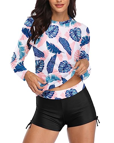 Aqua Eve Damen Zweiteiliger Rashguard-Badeanzug, langärmelig, mit Shorts, bescheidener Badeanzug, LSF 50+, Pink Leaf, Large von Aqua Eve