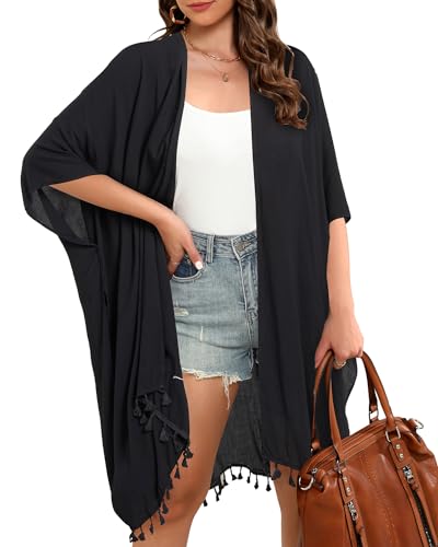 Aqua Eve Kimonos für Damen Sommer Kimono Cardigans Strand Coverup Lange Kimonos, Schwarz, X-Large von Aqua Eve