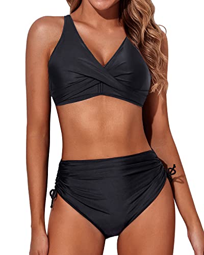 Aqua Eve Women High Waisted Bikini Twist Front Swimsuits Lace up Bikini Tops Ruched Push up 2 Piece Bathing Suits Black Medium von Aqua Eve