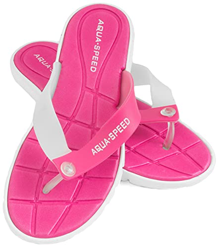 Aqua Speed® Bali Badesandalen (Frauen Zehentrenner Anti-Rutsch-Struktur Schwimmbad Badeurlaub Garten Swimmingpool + UP®-Schlüsselband), Farbe:Pink/Weiß;Schuhgröße:37 von Aqua Speed