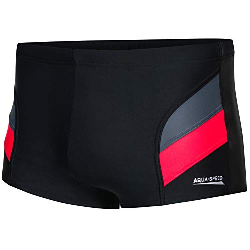 Aqua Speed Schwarze Boxer Badehose eng für Herren + gratis eBook | Wettkampf Retro Schwimmhosen kurz Männer | Sport | Aron, Gr. L, Schwarz Grau Rot von Aqua Speed