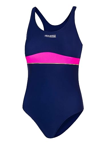 Aqua Speed Swimsuits One Piece für Mädchen Kinder 10/11 Jahre | Badeanzug Marineblau rosa | Schwimmanzug mit UV-Schutz | Mädcheneinteiler modisch | Swimsuits | 47 Navy Blue - pink | Emily von Aqua Speed