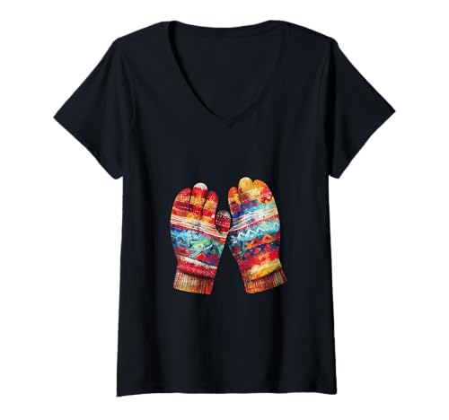 Damen Aquarell-Fäustlinge T-Shirt mit V-Ausschnitt Damen Aquarell-Fäustlinge T-Shirt mit V-Ausschnitt von Aquarell-Fäustlinge Geschenk Kleidung