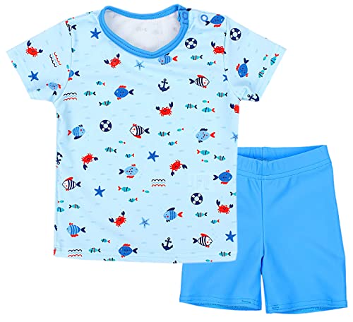 Aquarti Baby Jungen Bade-Set Zweiteiliger Kinder Badeanzug T-Shirt Badehose UV-Schutz, Farbe: Kleine Fische Hellblau/Blau, Größe: 122 von Aquarti