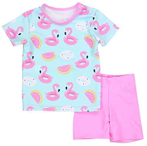 Aquarti Baby Mädchen Zweiteiler Kinder Badeanzug Bade-Set Bade T-Shirt Badehose UV-Schutz, Farbe: Flamingos Hellgrün/Rosa, Größe: 86 von Aquarti