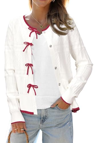Arach&Cloz Strickjacke Damen Langarm Cardigan Elegant Pullover mit Schleifen Open Front White red XL Arach&Cloz Strickjacke Damen Langarm Cardigan Elegant Pullover mit Schleifen Open Front White red XL von Arach&Cloz