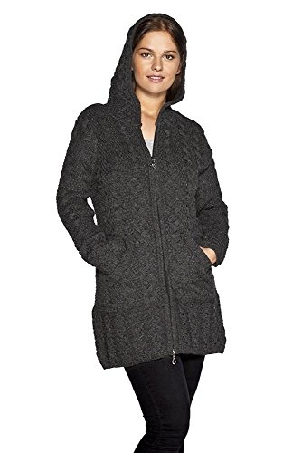 Aran Crafts Damen Irish Cable Knitted Hooded Zip Coat (100% Merinowolle), Dunkelgrau, M von Aran Crafts