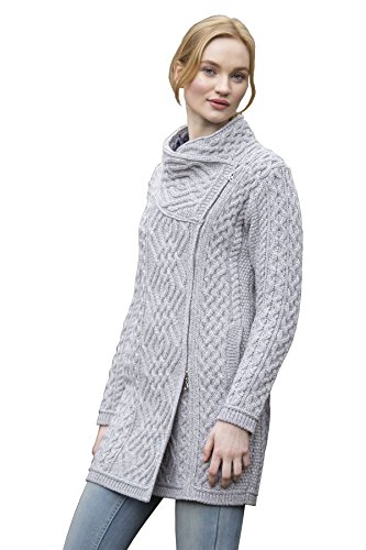 Aran Crafts Damen Irish Soft Cable Strick Side Zip Coat (100% Merinowolle), Soft Grey, S von Aran Crafts