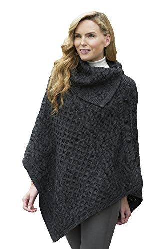 Aran Crafts Damen-Poncho aus irischem Strick, mit Rundhalsausschnitt, 100 % Merinowolle - Schwarz - Small / Medium von Aran Crafts