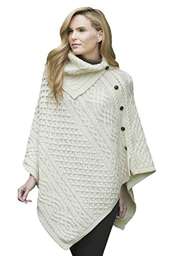 Aran Crafts Damen-Poncho mit Zopfmuster und geknöpftem Wasserfallkragen (100% Merinowolle), natur, Small/Medium von Aran Crafts