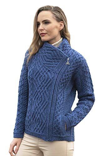 Aran Crafts Damen Irish Cable Knitted Side Zip Cardigan (100% Merinowolle), Blue Marl, X-Groß von Aran Crafts