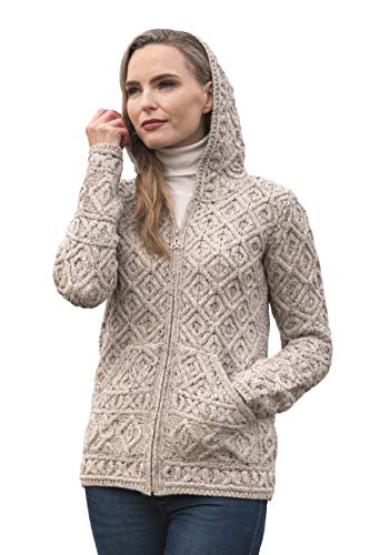 Aran Crafts Damen Weiche Zopfstrickjacke mit Wabenmuster (100% Merinowolle), Haferflocken (Oatmeal), Mittel von Aran Crafts