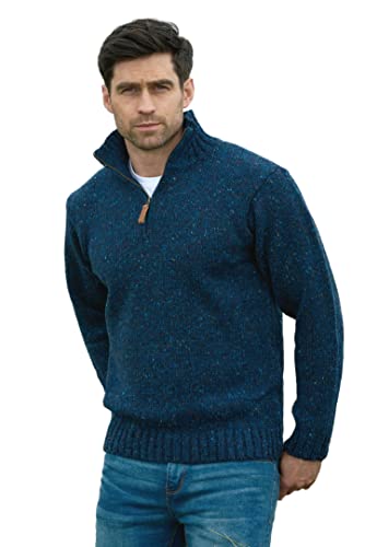 Aran Crafts Herren Irish Cable Knitted Half Zip Sweater (100% Donegal Wolle), Denim, Mittel von Aran Crafts