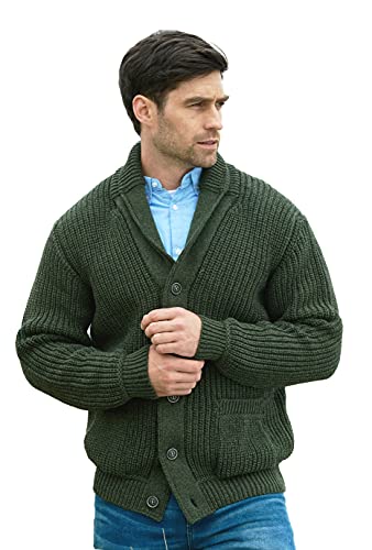 Aran Crafts Herren-Strickjacke mit irischem Zopfmuster (100 % Merinowolle), armee-grün, XX-Large von Aran Crafts