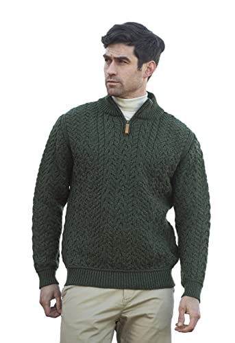 Aran Crafts Herrenpullover aus Wolle mit halbem Reißverschluss, Grün (Army Green), Mittel von Aran Crafts