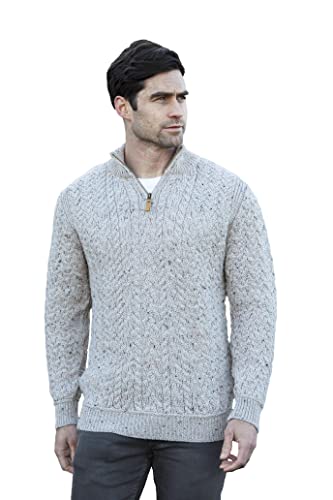 Aran Crafts Herrenpullover aus Wolle mit halbem Reißverschluss, Skiddaw, Mittel von Aran Crafts