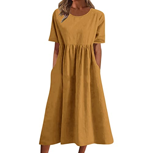 Strandkleid Damen Sommer Leinenkleid Rundhalsausschnitt Kurzarm Sommerkleid Damen Midi Leinenkleider Baumwolle Leinen Blusenkleid Casual Drucken Freizeitkleid Strandkleider Kleid A-Linie Kleid von Archedeer