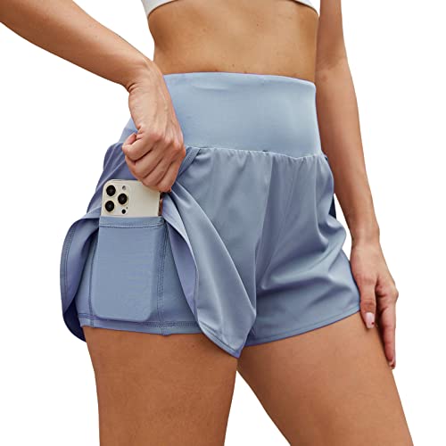 Arcweg 2 in 1 Laufhose Damen Sport Shorts Sommer Elastisch Schnelltrocknende Running Shorts für Sommer Yoga Fitness Joggen Gym Training mit Innenslip und Reißverschlusstasche Blau L（EU） von Arcweg