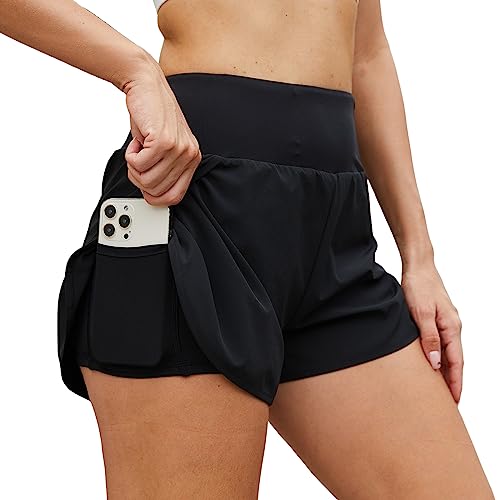 Arcweg 2 in 1 Laufhose Damen Sport Shorts Sommer Elastisch Schnelltrocknende Running Shorts für Sommer Yoga Fitness Joggen Gym Training mit Innenslip und Reißverschlusstasche Schwarz XL（EU） von Arcweg