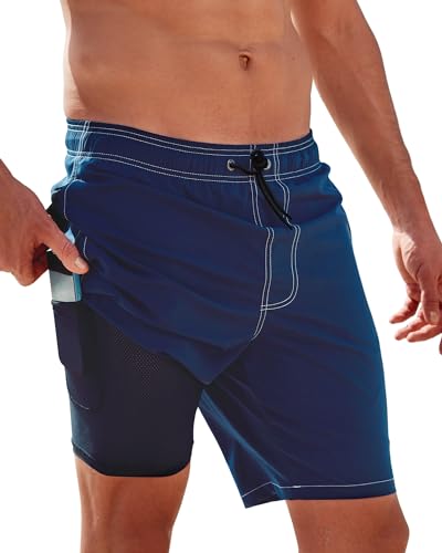 Arcweg Badehose für Herren Badeshorts mit Kompression 2 in 1 Schnelltrocknende Strandshorts Männer Elastisch Surf Shorts mit Reißverschlusstaschen XS-2XL Dunkelblau M（EU von Arcweg