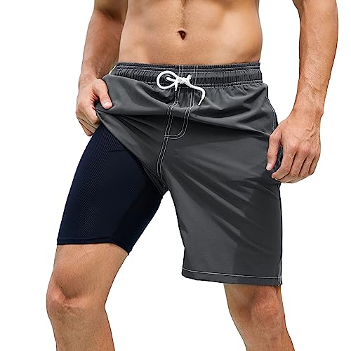 Arcweg Badehose für Herren Badeshorts mit Kompression 2 in 1 Schnelltrocknende Strandshorts Männer Elastisch Surf Shorts mit Reißverschlusstaschen XS-2XL Grau M（EU von Arcweg