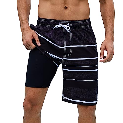 Arcweg Badehose für Herren Badeshorts mit Kompression 2 in 1 Schnelltrocknende Strandshorts Männer Elastisch Surf Shorts mit Reißverschlusstaschen XS-2XL Schwarz-grau-gestreift L（EU von Arcweg