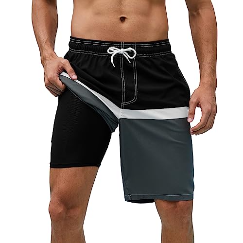 Arcweg Badehose für Herren Badeshorts mit Kompression 2 in 1 Schnelltrocknende Strandshorts Männer Elastisch Surf Shorts mit Reißverschlusstaschen XS-2XL Schwarz-weiß-grau L（EU von Arcweg