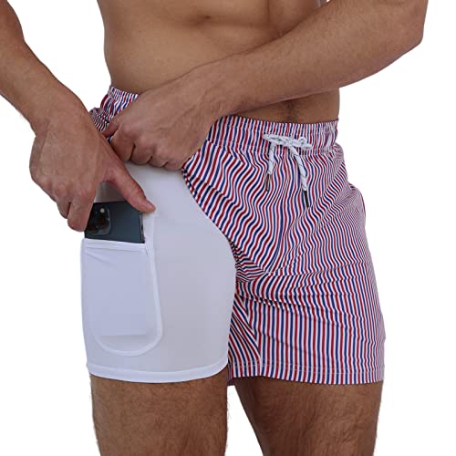 Arcweg Badehose für Herren Jungen Badeshorts mit Kompression Liner 2 in 1 Schnelltrocknend Strandhose Männer Elastisch Surf Shorts mit Reißverschlusstaschen Blau-Rote Streifen S（EU von Arcweg