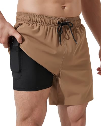 Arcweg Badehose für Herren mit Kompression Boxershorts Liner 2 in 1 Badeshorts Männer Jungen Elastisch Schwimmhose Beachshorts Boardshorts Strand Shorts Khaki XL（EU von Arcweg