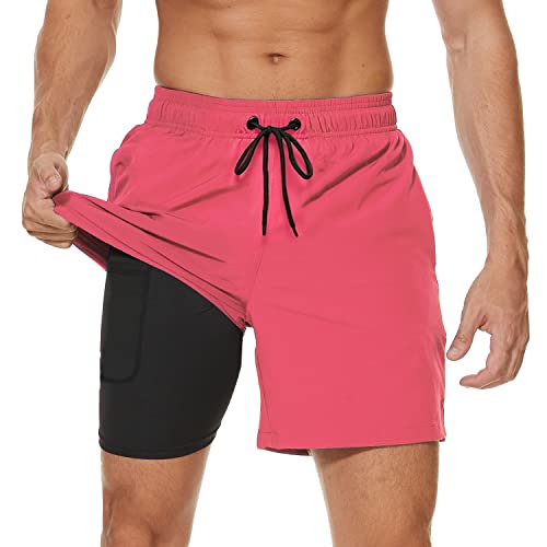 Arcweg Badehose für Herren mit Kompression Liner 2 in 1 Atmungsaktiv Badeshorts Männer Elastisch Trainingsshorts Verstellbar Tunnelzug mit Reißverschlusstaschen Rosa S（EU） von Arcweg