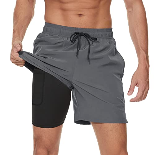 Arcweg Badehose für Herren mit Kompression Liner 2 in 1 Atmungsaktiv Badeshorts Männer Elastisch Trainingsshorts Verstellbar Tunnelzug mit Reißverschlusstaschen Grau M von Arcweg