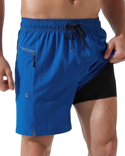 Arcweg Badeshorts Herren mit Reißverschlusstaschen Badehose Männer Jungen Schnell trocknende Schwimmhose mit Kompressionsfutter Doppellagige Marineblau L(EU) von Arcweg