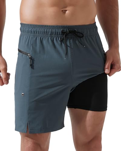 Arcweg Badeshorts Herren mit Reißverschlusstaschen Badehose Schnell trocknende Badehose mit Kompressionsfutter Doppellagige Herren Badeshorts Grau S(EU) von Arcweg