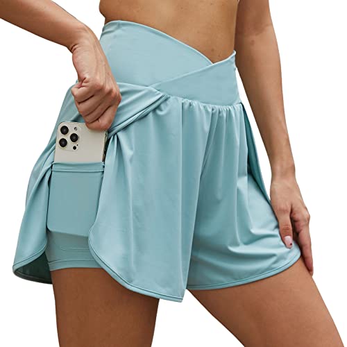 Arcweg Damen Sporthose Kurz Laufhose High Waist 2 in 1 Laufshorts Fitness Sporthose Running Yoga Jogging Elastisch Schnelltrocknende Shorts mit Reißverschlusstasche Grün XXL（EU） von Arcweg