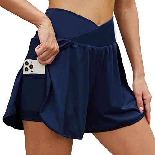 Arcweg Damen Sporthose Kurz Laufhose High Waist 2 in 1 Laufshorts Fitness Sporthose Running Yoga Jogging Elastisch Schnelltrocknende Shorts mit Reißverschlusstasche Marine S（EU） von Arcweg