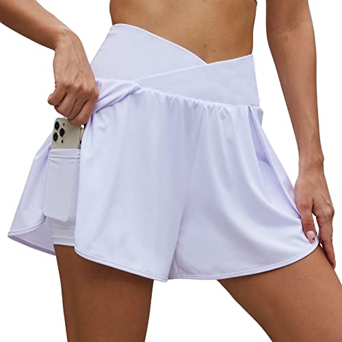 Arcweg Damen Sporthose Kurz Laufhose High Waist 2 in 1 Laufshorts Fitness Sporthose Running Yoga Jogging Elastisch Schnelltrocknende Shorts mit Reißverschlusstasche Weiß M（EU） von Arcweg