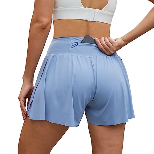 Arcweg Damen Sporthose Kurz Laufshorts 2 in 1 Schnell Trocknend Sommer Fitness Shorts Yoga Shorts Gym Jogging Training Running Shorts für Damen mit Taschen Blau M（EU） von Arcweg