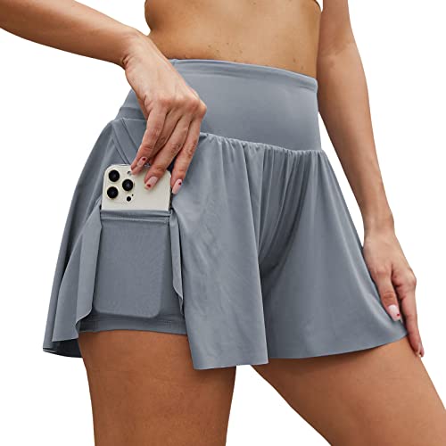 Arcweg Damen Sporthose Kurz Laufshorts 2 in 1 Schnell Trocknend Sommer Fitness Shorts Yoga Shorts Gym Jogging Training Running Shorts für Damen mit Taschen Grau S（EU） von Arcweg