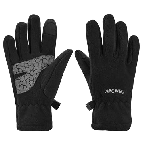 Arcweg Handschuhe Kinder Fleece Warm Laufhandschuhe Winter Gloves rutschfest Fahrradhandschuhe Touchscreen Winterhandschuhe Jungen Mädchen Fingerhandschuhe Camping Laufen Schwarz L-XL 7-8 Jahre von Arcweg