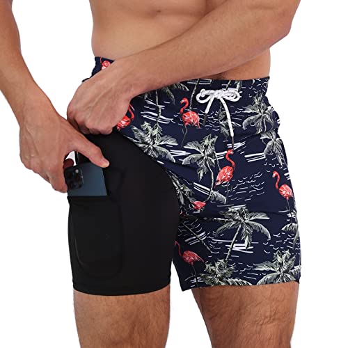 Arcweg Herren Badehose Badeshorts mit Kompression Liner 2 in 1 lässige Swim Shorts Kurz 5.5" Schnelltrocknend Boardshorts Strandshort mit Reißverschlusstasche Kokos Flamingo 2XL（EU） von Arcweg