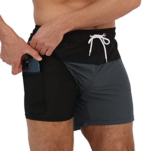 Arcweg Herren Badehose mit Kompression Badeshorts 2 in 1 Schnelltrocknend Schwimmhose 5.5" Boardshorts mit Innenhose Reißverschlusstasche Strandshorts S - XXL Schwarz + Grau L(EU) von Arcweg