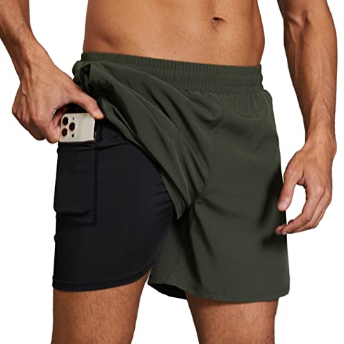 Arcweg Herren Sport Shorts Laufshorts 2 in 1 Kurze Sommer Running Sporthose Schnell Trocknend Fitness Joggen Traininghose Running Sport Kurze mit Taschen Grün 2XL（EU） von Arcweg