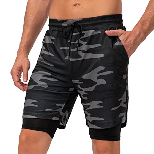 Arcweg Laufshorts 2 in 1 Shorts Sommer Herren Plusgear Schnelltrocknende Laufhose Fitness Hosen Herren Kurze Sporthose mit Handytaschen Running Workout Fitness Schwarze Tarnung XL von Arcweg