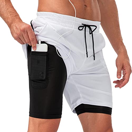 Arcweg Laufshorts 2 in 1 Shorts Sommer Herren Plusgear Schnelltrocknende Laufhose Fitness Hosen Herren Kurze Sporthose mit Handytaschen Running Workout Fitness Weiß L von Arcweg