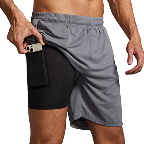 Arcweg Sporthose Herren Kurz 2 in 1 Laufhose Sports Shorts Schnell Trocknend Sport Kurze Hosen mit Reissverschluss Taschen Trainingshose fur Outdoor Sport Gym Grau S（EU） von Arcweg