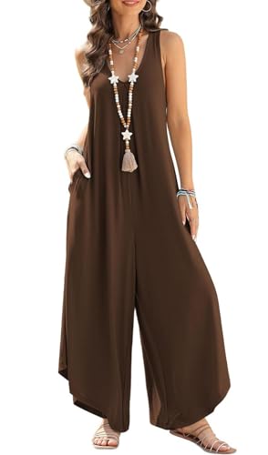 Arevill Jumpsuit Damen Lang Sommer V-Ausschnitt Ärmellos Overall Elegant Hosenanzug Weites Bein Romper Strampler mit Taschen Baggy Playsuits von Arevill