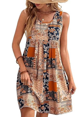 Arevill Sommerkleid Damen Boho Tank Kleid Ärmellos Rundhals Blumen Lässige Strandkleid Freizeitkleid Minikleider von Arevill