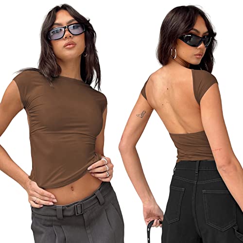 Arkim Backless Top Damen Y2K Rückenfreies Oberteil Sexy Oberteile Damen Umkehrbarer Stil Strassenmode Neu im Sommer Oberteile Damen(Kaffee,L) von Arkim