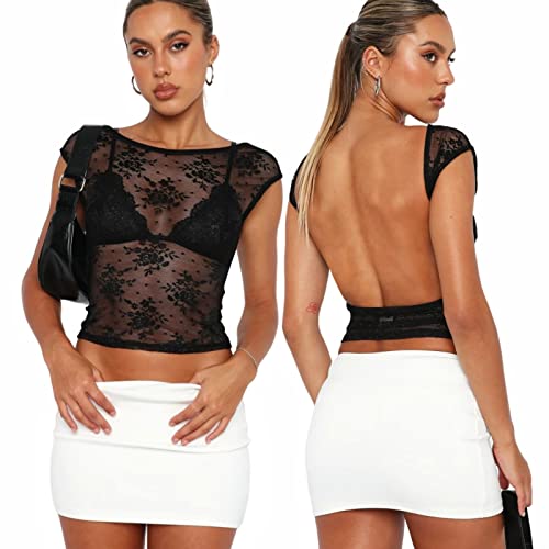 Arkim Backless Top Damen Y2K Rückenfreies Oberteil Sexy Oberteile Damen Umkehrbarer Stil Strassenmode Neu im Sommer Oberteile Damen(Spitze Schwarz,L) von Arkim